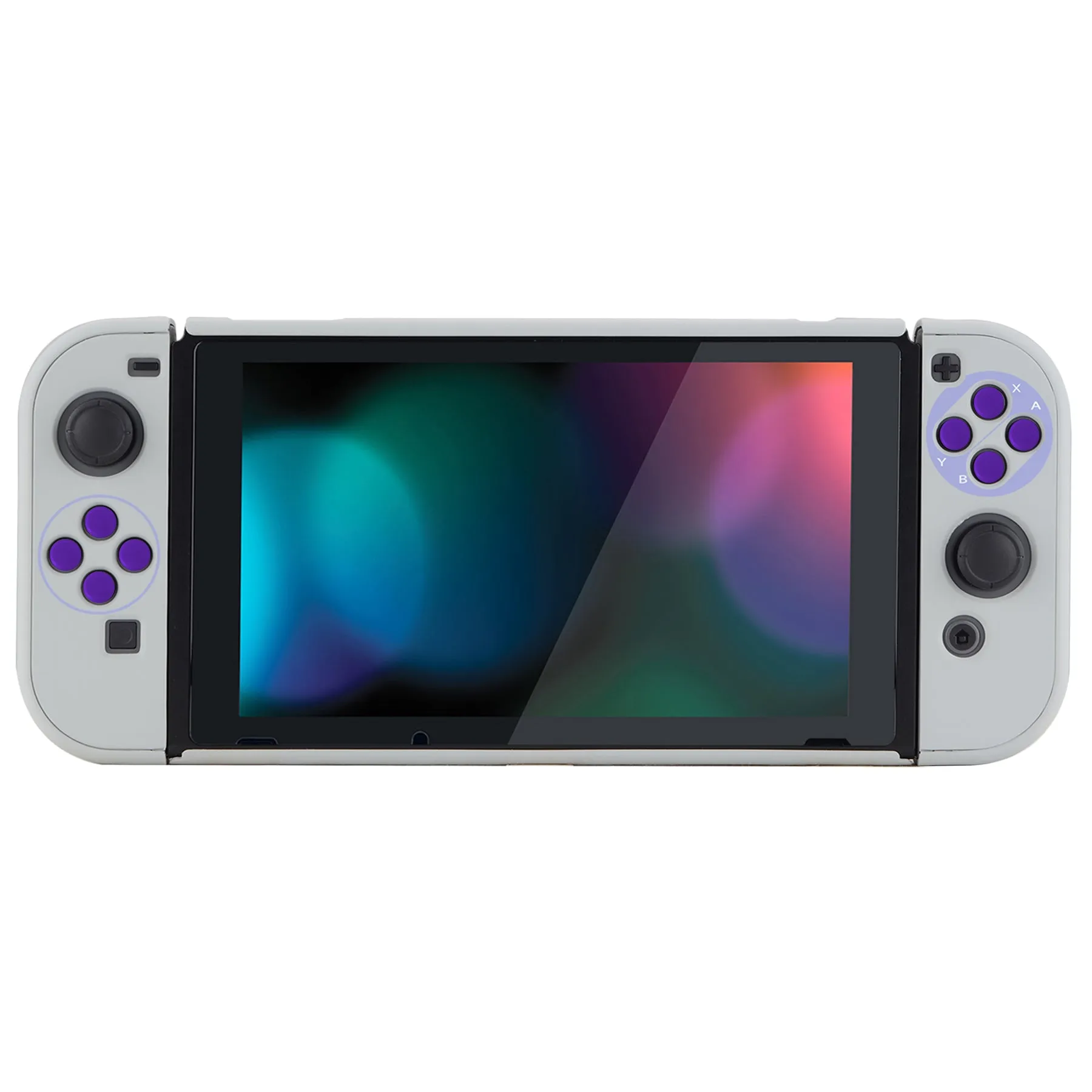 PlayVital Classics SNES Style Back Cover for NS Switch Console, NS Joycon Handheld Controller Separable Protector Hard Shell, Dockable Protective Case with Purple ABXY Direction Button Caps - NTT104