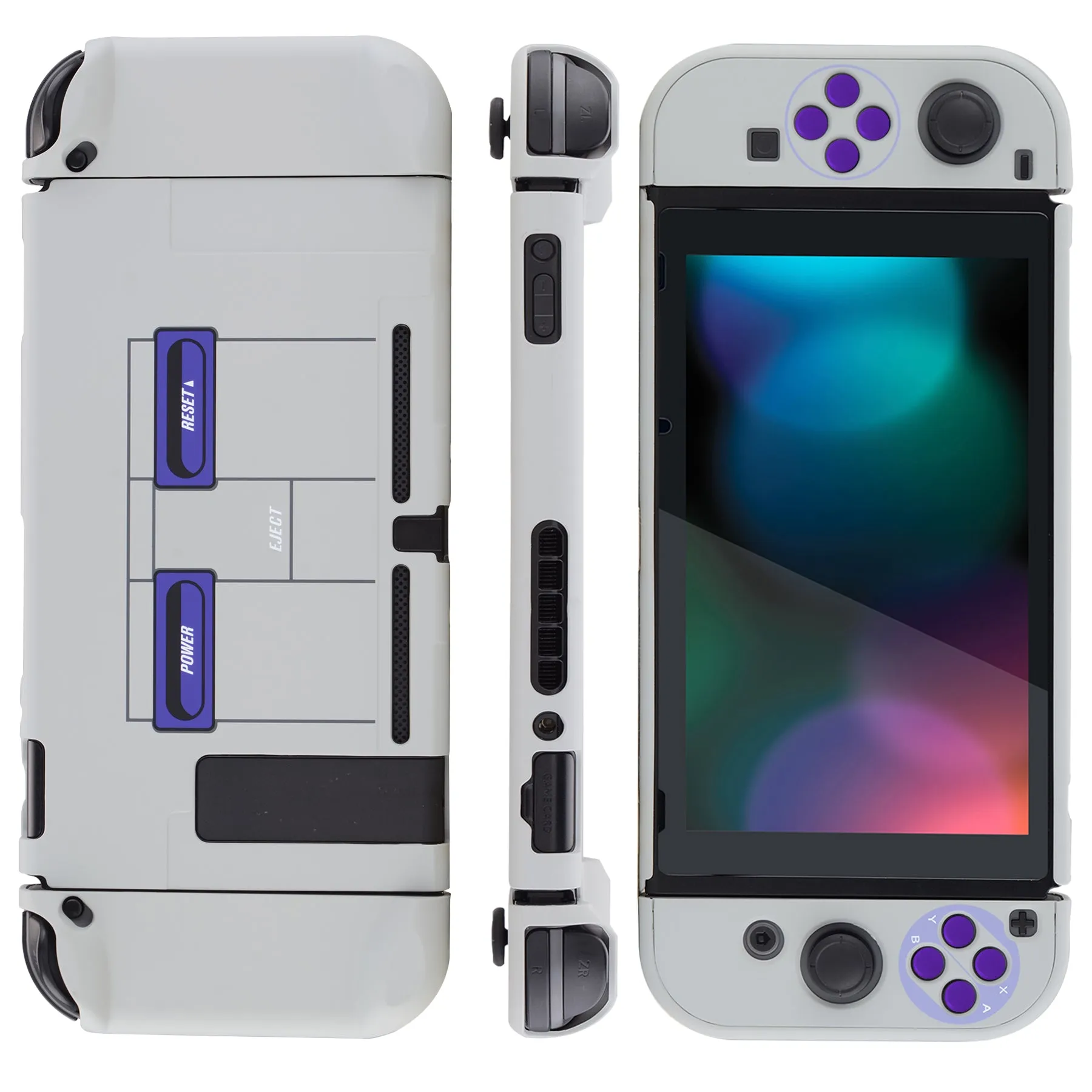 PlayVital Classics SNES Style Back Cover for NS Switch Console, NS Joycon Handheld Controller Separable Protector Hard Shell, Dockable Protective Case with Purple ABXY Direction Button Caps - NTT104