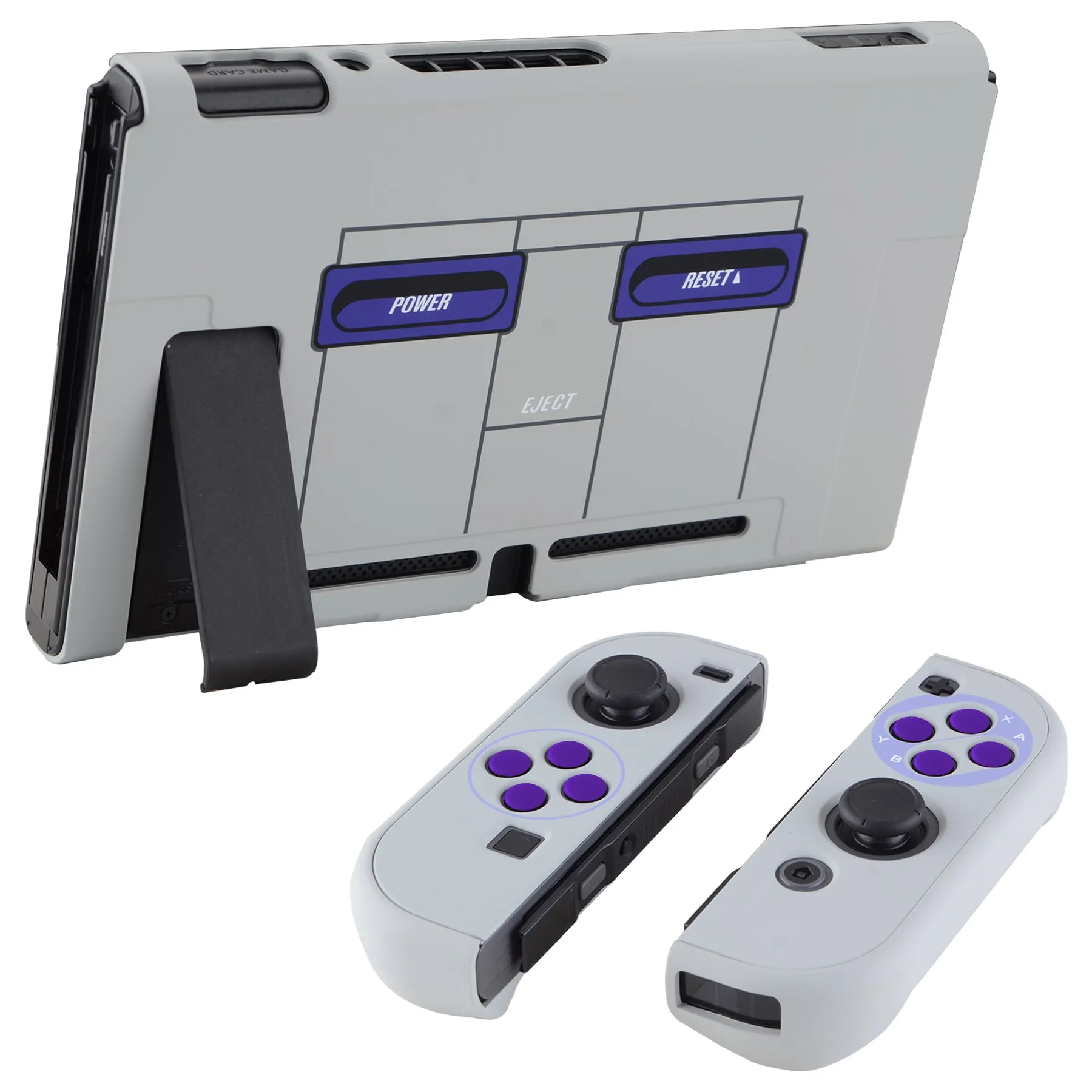 PlayVital Classics SNES Style Back Cover for NS Switch Console, NS Joycon Handheld Controller Separable Protector Hard Shell, Dockable Protective Case with Purple ABXY Direction Button Caps - NTT104