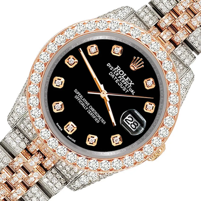 Rolex Datejust 36mm 10.75ct Diamond Black Rose Gold/Steel Watch  TFJ-142508321