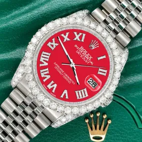 Rolex Datejust 36mm 4.2CT Diamond Bezel/Lugs/Scarlet Red Roman Dial Watch TFJ-142508670