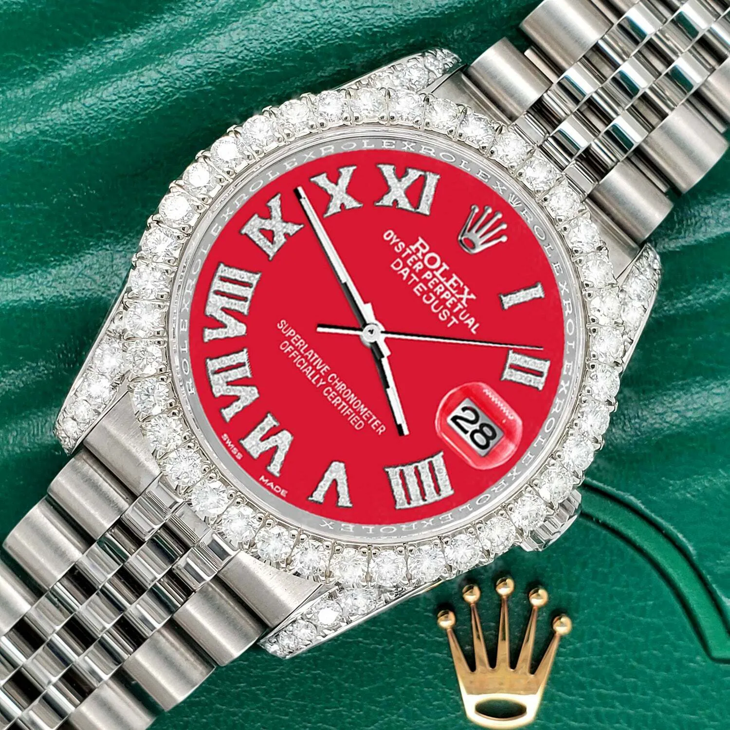 Rolex Datejust 36mm 4.2CT Diamond Bezel/Lugs/Scarlet Red Roman Dial Watch TFJ-142508670