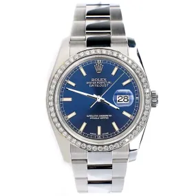 Rolex Datejust 36MM Blue Stick Dial Steel Watch with Custom Diamond Bezel  TFJ-142507985