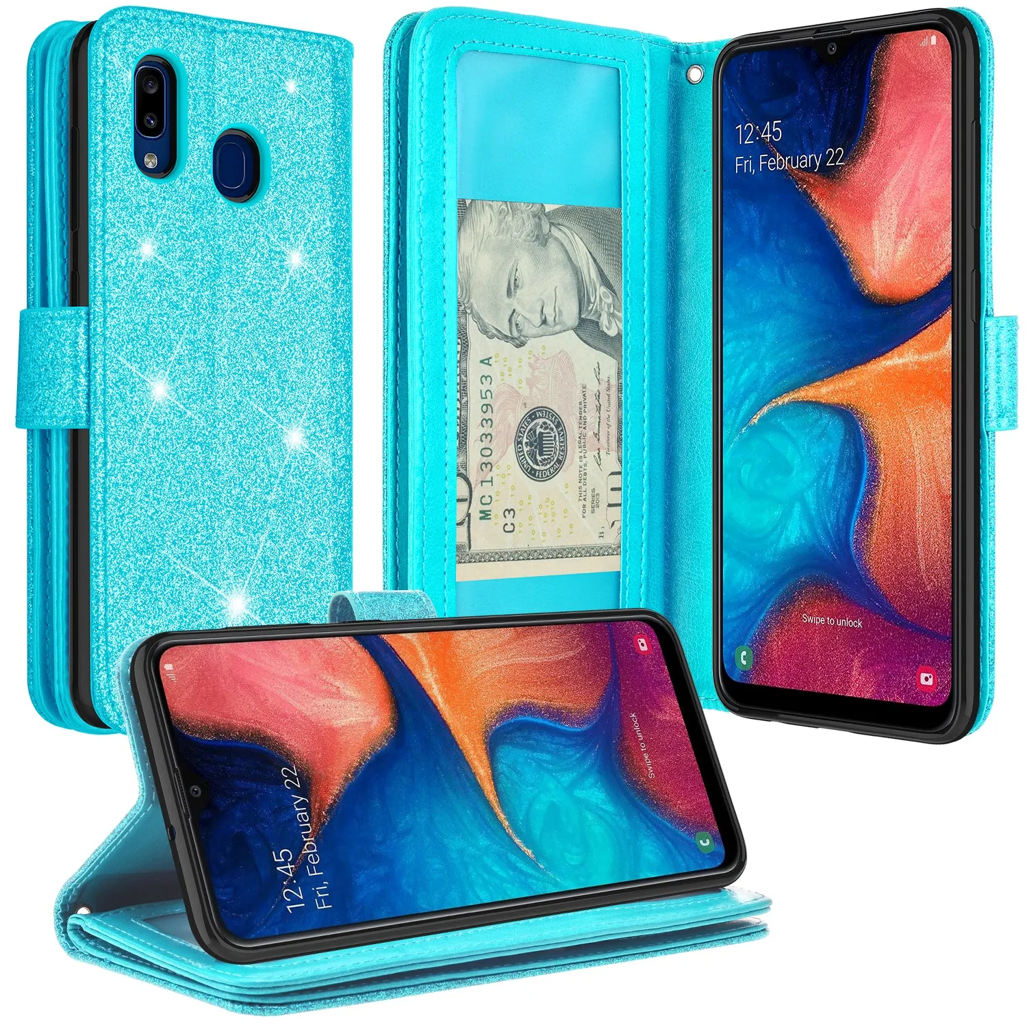 Samsung Galaxy A10e Case, Galaxy A10e Case, Glitter Faux Leather Flip Credit Card Holder Wrist Strap Shockproof Protective Wallet Case Clutch for Galaxy A10e - Teal