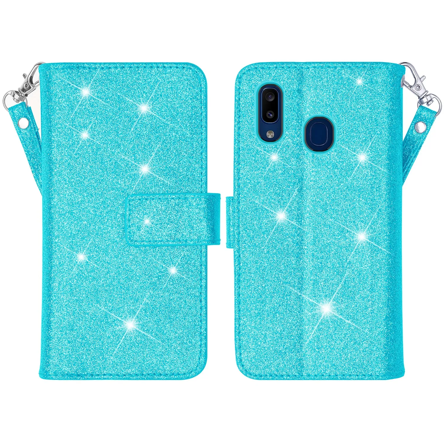 Samsung Galaxy A10e Case, Galaxy A10e Case, Glitter Faux Leather Flip Credit Card Holder Wrist Strap Shockproof Protective Wallet Case Clutch for Galaxy A10e - Teal