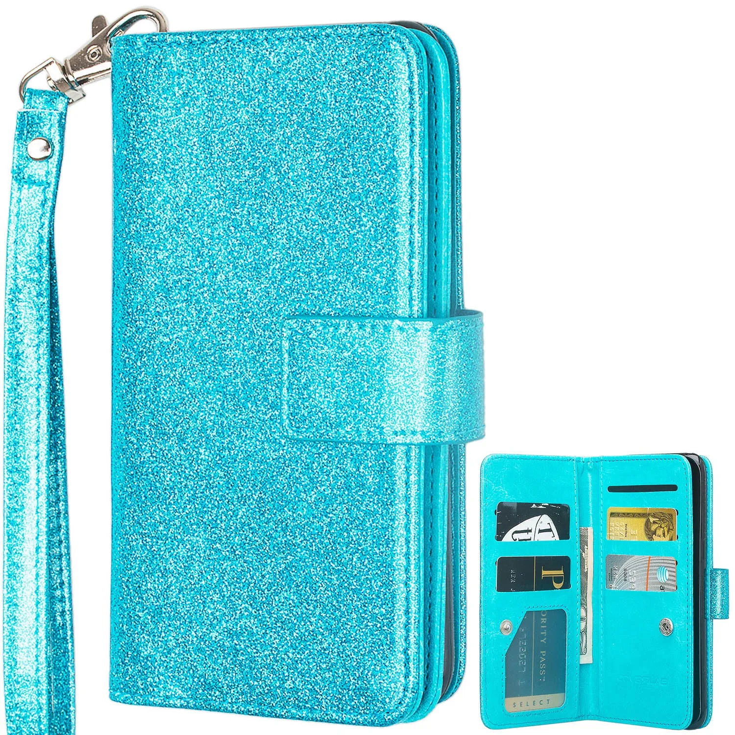 Samsung Galaxy A10e Case, Galaxy A10e Case, Glitter Faux Leather Flip Credit Card Holder Wrist Strap Shockproof Protective Wallet Case Clutch for Galaxy A10e - Teal