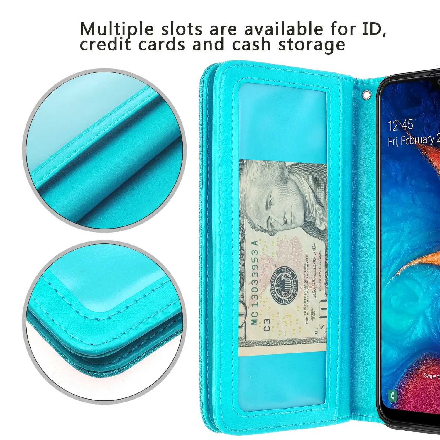 Samsung Galaxy A10e Case, Galaxy A10e Case, Glitter Faux Leather Flip Credit Card Holder Wrist Strap Shockproof Protective Wallet Case Clutch for Galaxy A10e - Teal