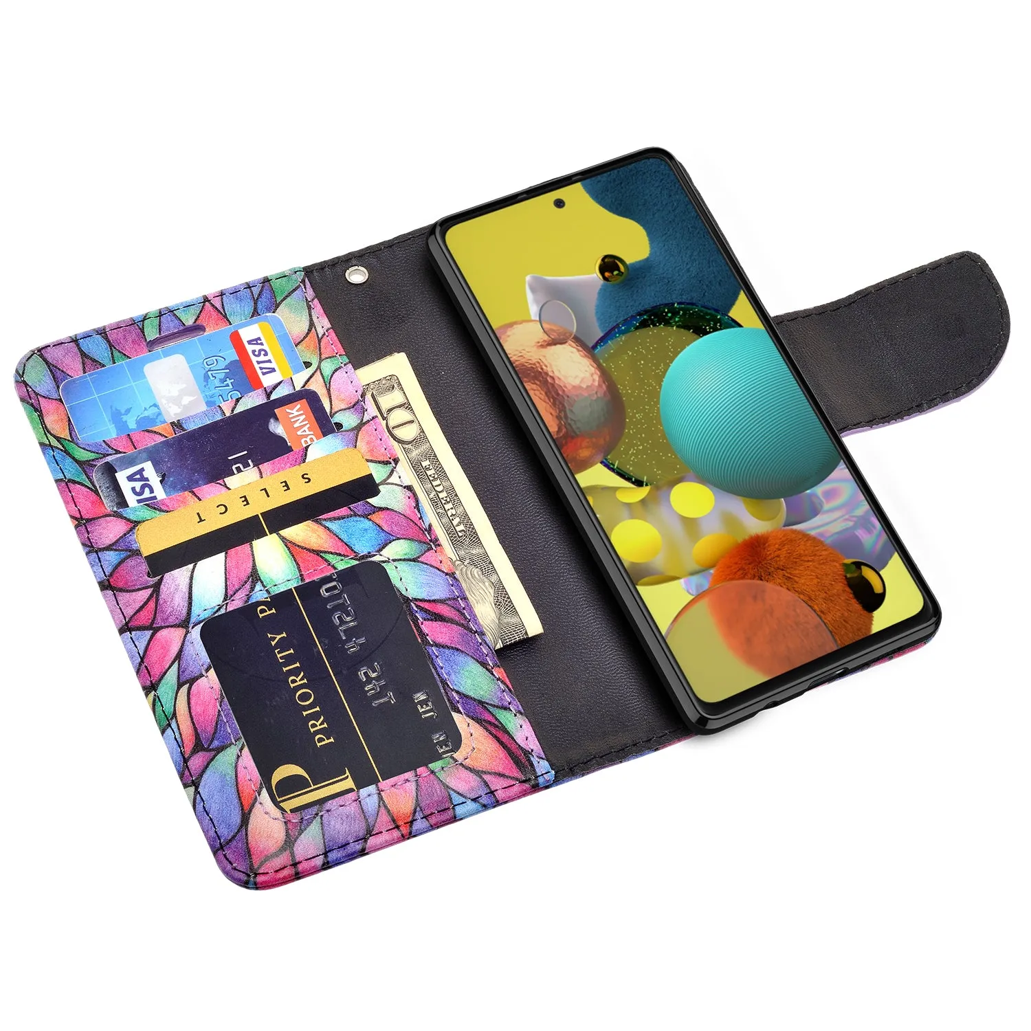 Samsung Galaxy A71 5G Case, Galaxy A71 5G Wallet Case, Wrist Strap Pu Leather Wallet Case [Kickstand] with ID & Credit Card Slots - Rainbow Flower