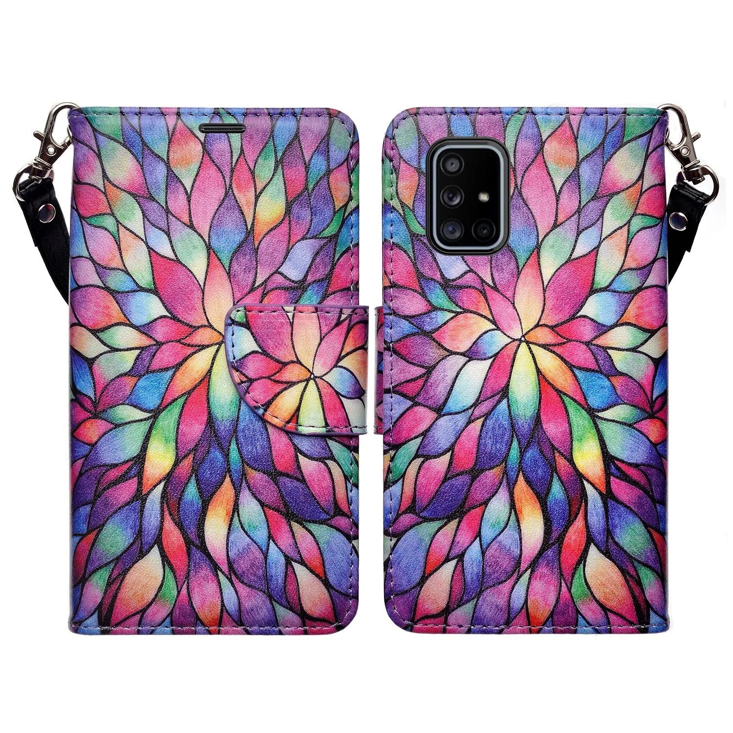 Samsung Galaxy A71 5G Case, Galaxy A71 5G Wallet Case, Wrist Strap Pu Leather Wallet Case [Kickstand] with ID & Credit Card Slots - Rainbow Flower