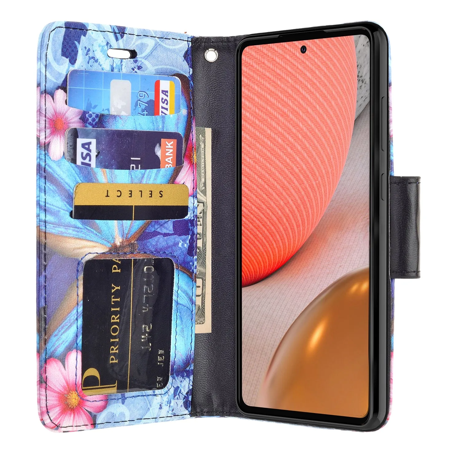 Samsung Galaxy A72 5G Case, Galaxy A72 5G Wallet Case, Wrist Strap Pu Leather Wallet Case [Kickstand] with ID & Credit Card Slots - Blue Butterfly