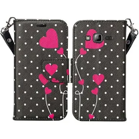 Samsung Galaxy J3 Case, J3V Case | Galaxy Express Prime Case | Galaxy Sky Case | Amp Prime Case | Galaxy Sol Wrist Strap Pu Leather Magnetic Fold Wallet Case with ID & Card Slots - Polka Dot Hearts