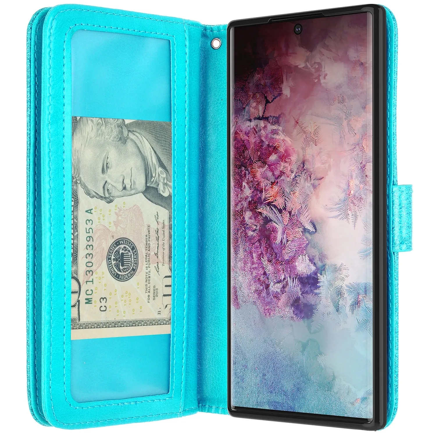 Samsung Galaxy Note 10  Case, Galaxy Note 10 Plus Case, Glitter Faux Leather Flip Credit Card Holder Wrist Strap Shockproof Protective Wallet Case Clutch for Galaxy Note 10 Plus - Teal