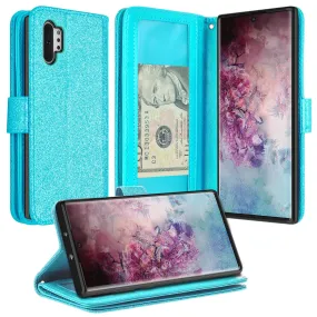 Samsung Galaxy Note 10  Case, Galaxy Note 10 Plus Case, Glitter Faux Leather Flip Credit Card Holder Wrist Strap Shockproof Protective Wallet Case Clutch for Galaxy Note 10 Plus - Teal