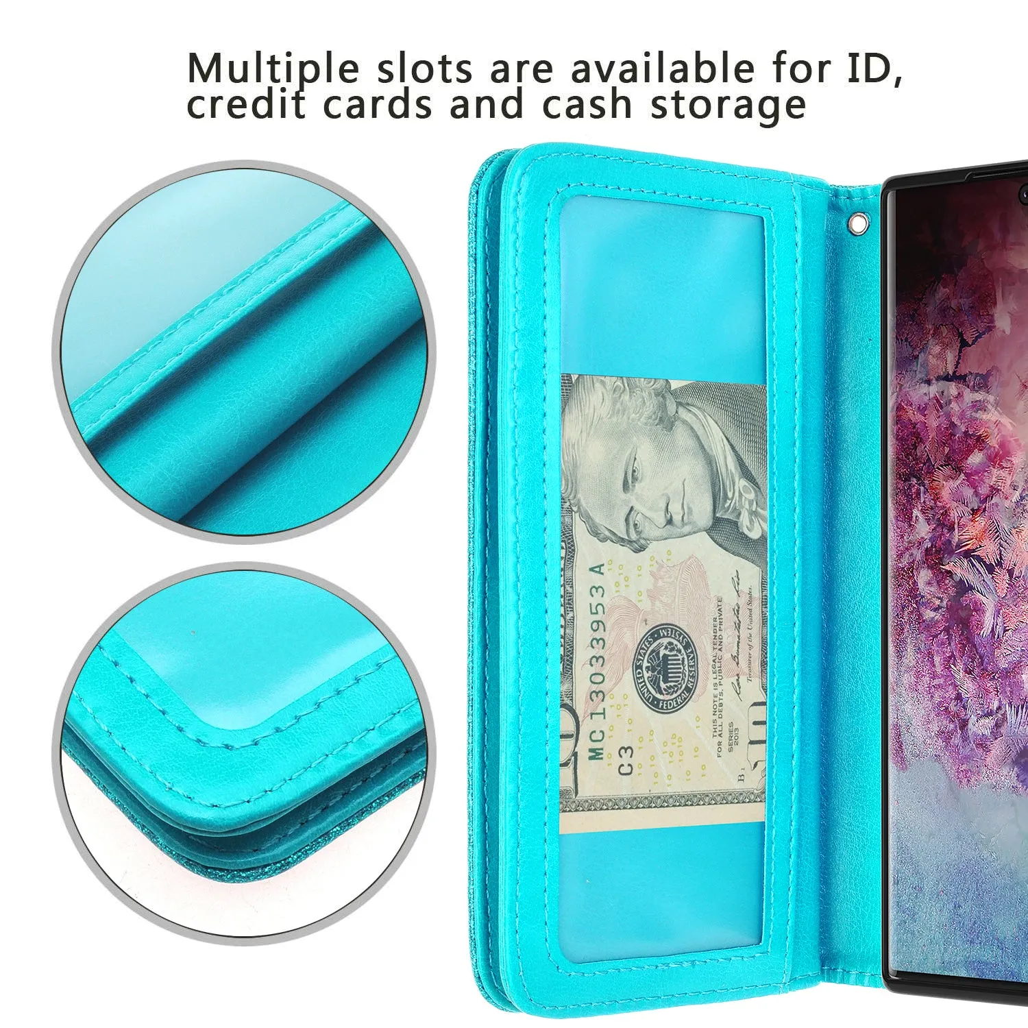 Samsung Galaxy Note 10  Case, Galaxy Note 10 Plus Case, Glitter Faux Leather Flip Credit Card Holder Wrist Strap Shockproof Protective Wallet Case Clutch for Galaxy Note 10 Plus - Teal