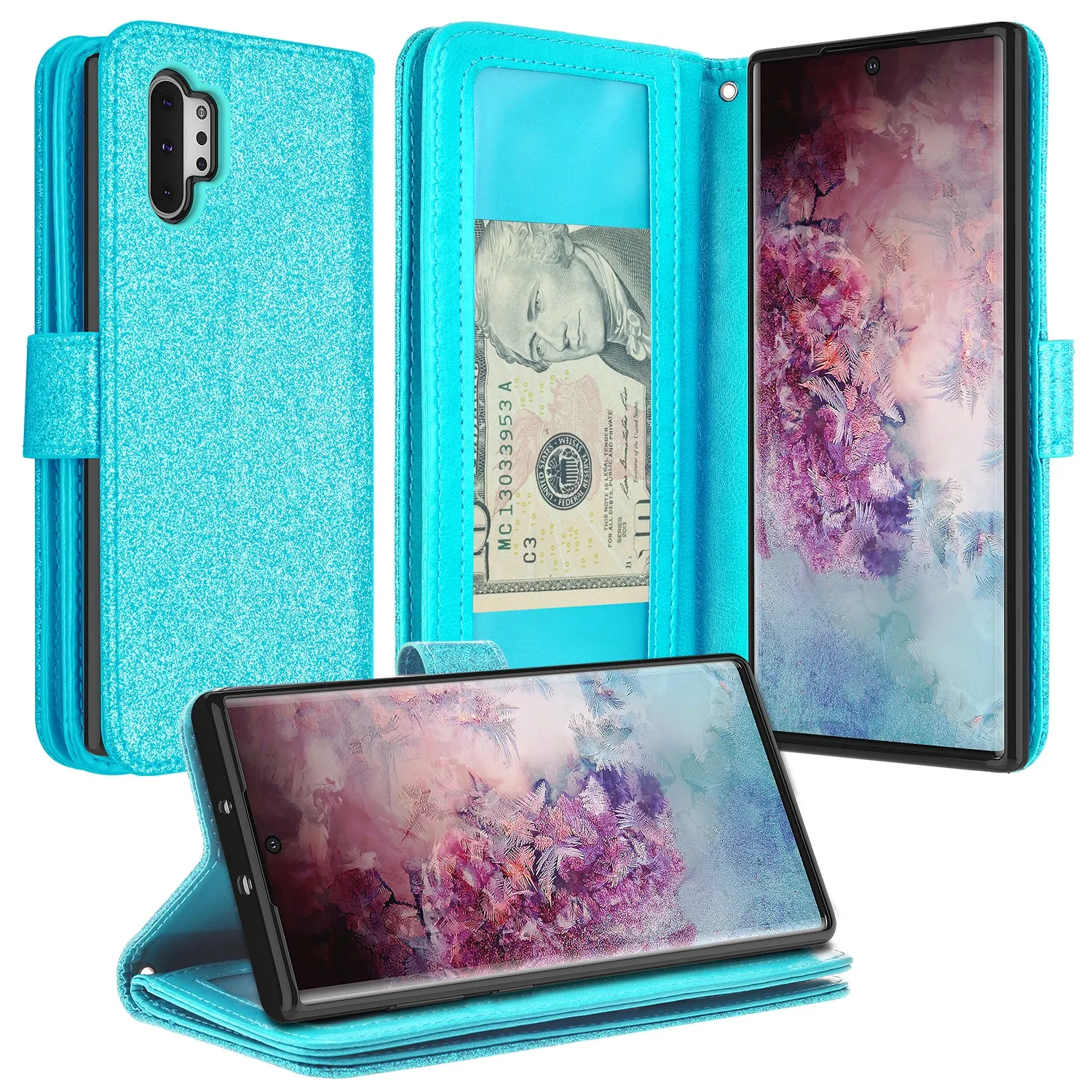 Samsung Galaxy Note 10  Case, Galaxy Note 10 Plus Case, Glitter Faux Leather Flip Credit Card Holder Wrist Strap Shockproof Protective Wallet Case Clutch for Galaxy Note 10 Plus - Teal