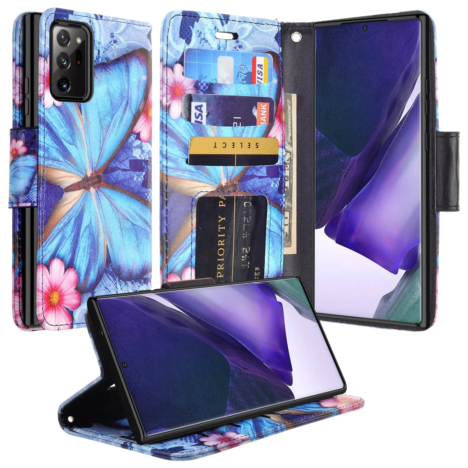 Samsung Galaxy Note 20 Case, Galaxy Note 20 Wallet Case, Wrist Strap Pu Leather Wallet Case [Kickstand] with ID & Credit Card Slots - Blue Butterfly