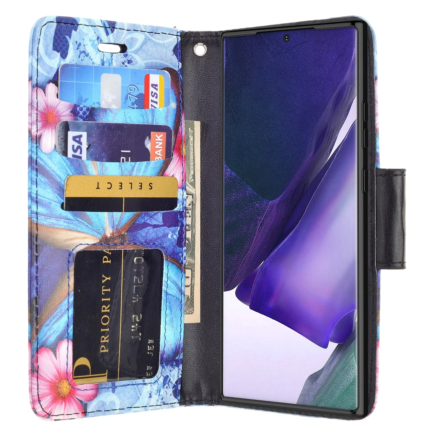 Samsung Galaxy Note 20 Case, Galaxy Note 20 Wallet Case, Wrist Strap Pu Leather Wallet Case [Kickstand] with ID & Credit Card Slots - Blue Butterfly