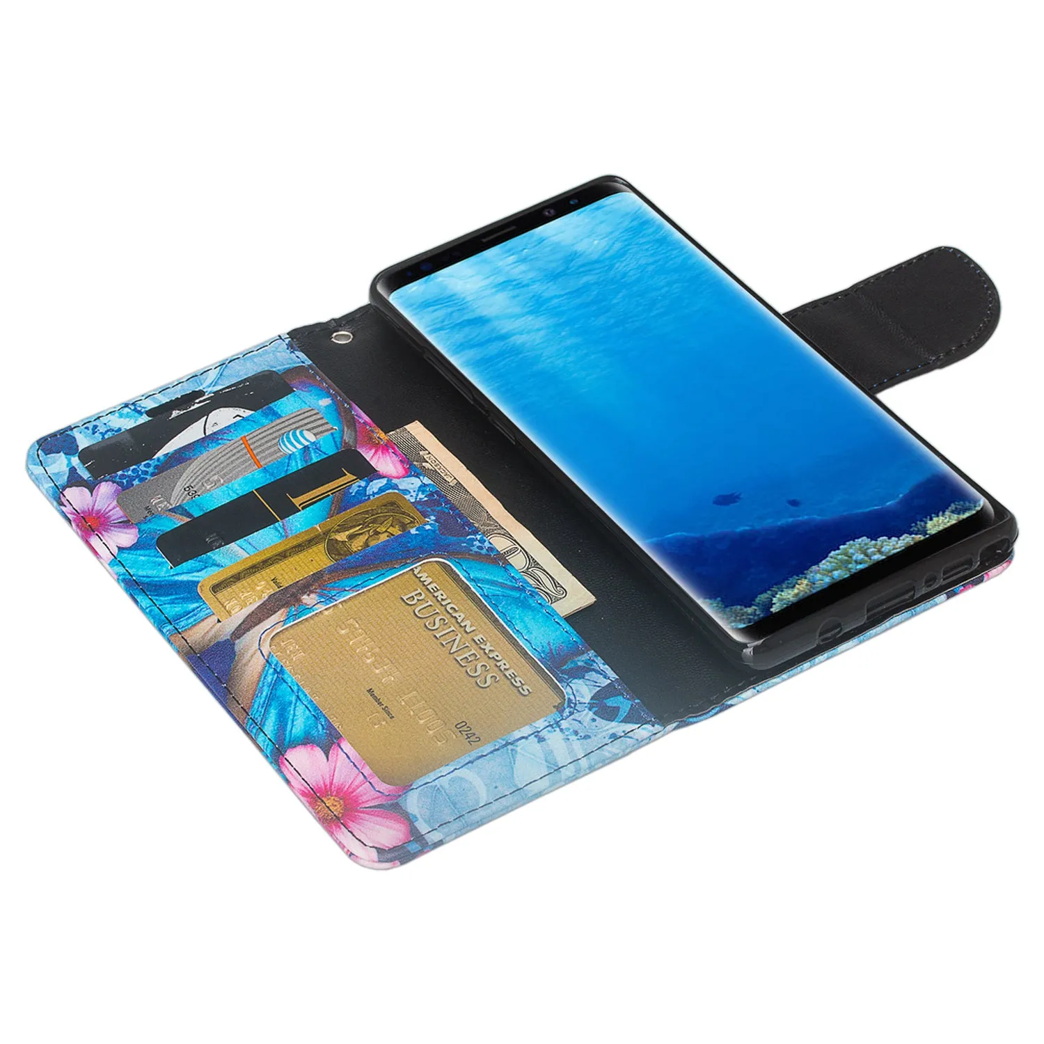 Samsung Galaxy Note 8 Case, Galaxy Note 8 Wallet Case, Slim Flip Folio [Kickstand] Pu Leather Wallet Case with ID & Card Slots & Pocket   Wrist Strap - Blue Butterfly