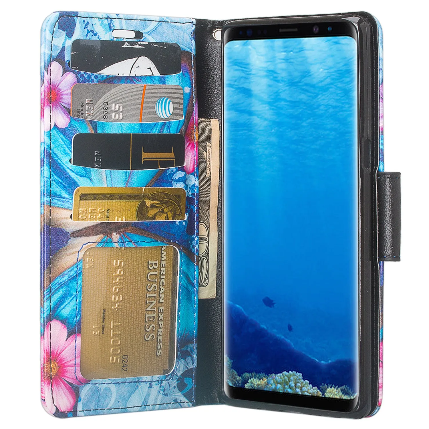 Samsung Galaxy Note 8 Case, Galaxy Note 8 Wallet Case, Slim Flip Folio [Kickstand] Pu Leather Wallet Case with ID & Card Slots & Pocket   Wrist Strap - Blue Butterfly