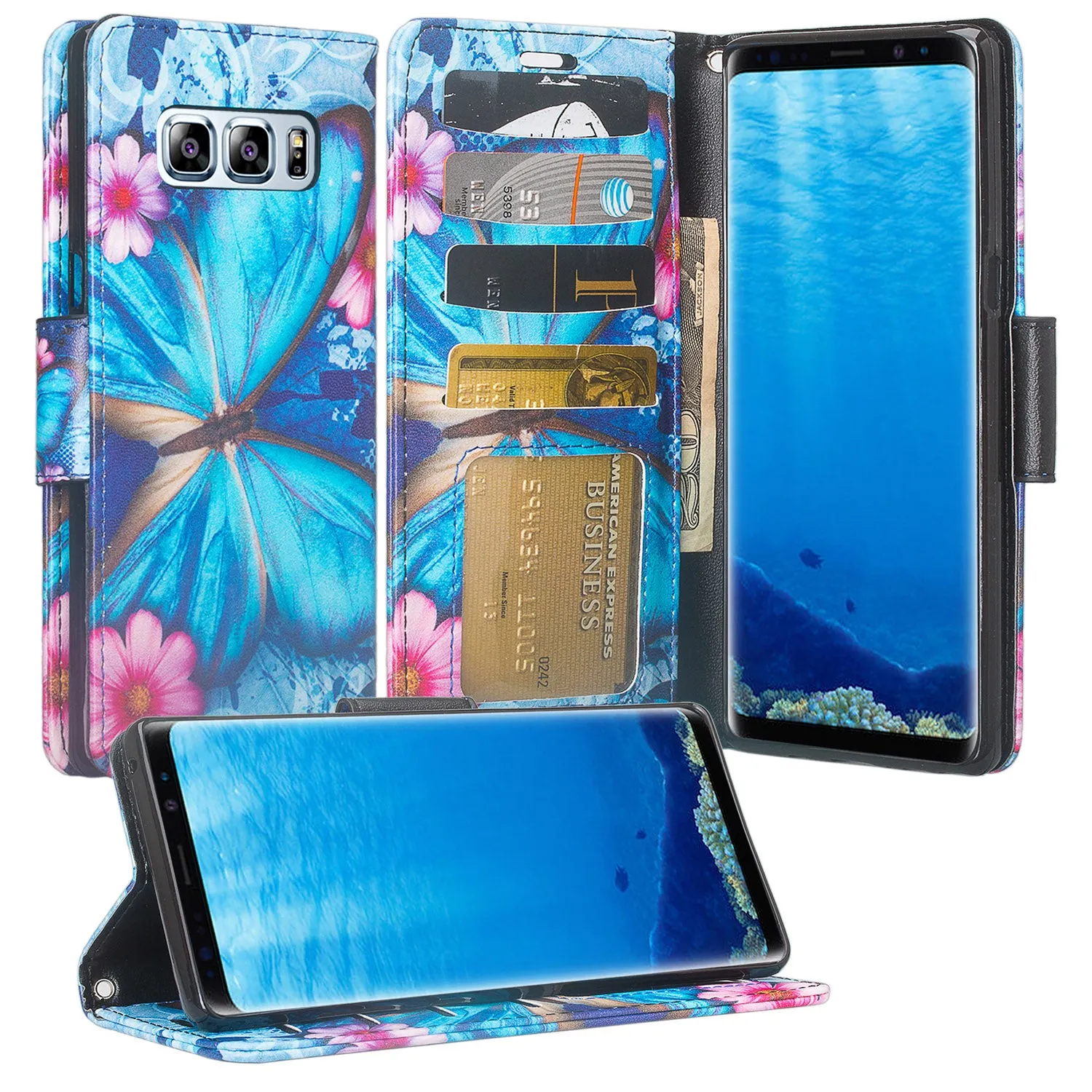 Samsung Galaxy Note 8 Case, Galaxy Note 8 Wallet Case, Slim Flip Folio [Kickstand] Pu Leather Wallet Case with ID & Card Slots & Pocket   Wrist Strap - Blue Butterfly