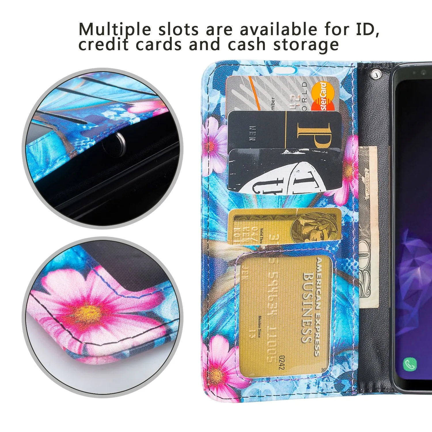 Samsung Galaxy S10 Case, Galaxy S10 Wallet Case, Wrist Strap Pu Leather Wallet Case [Kickstand] with ID & Credit Card Slots - Blue Butterfly