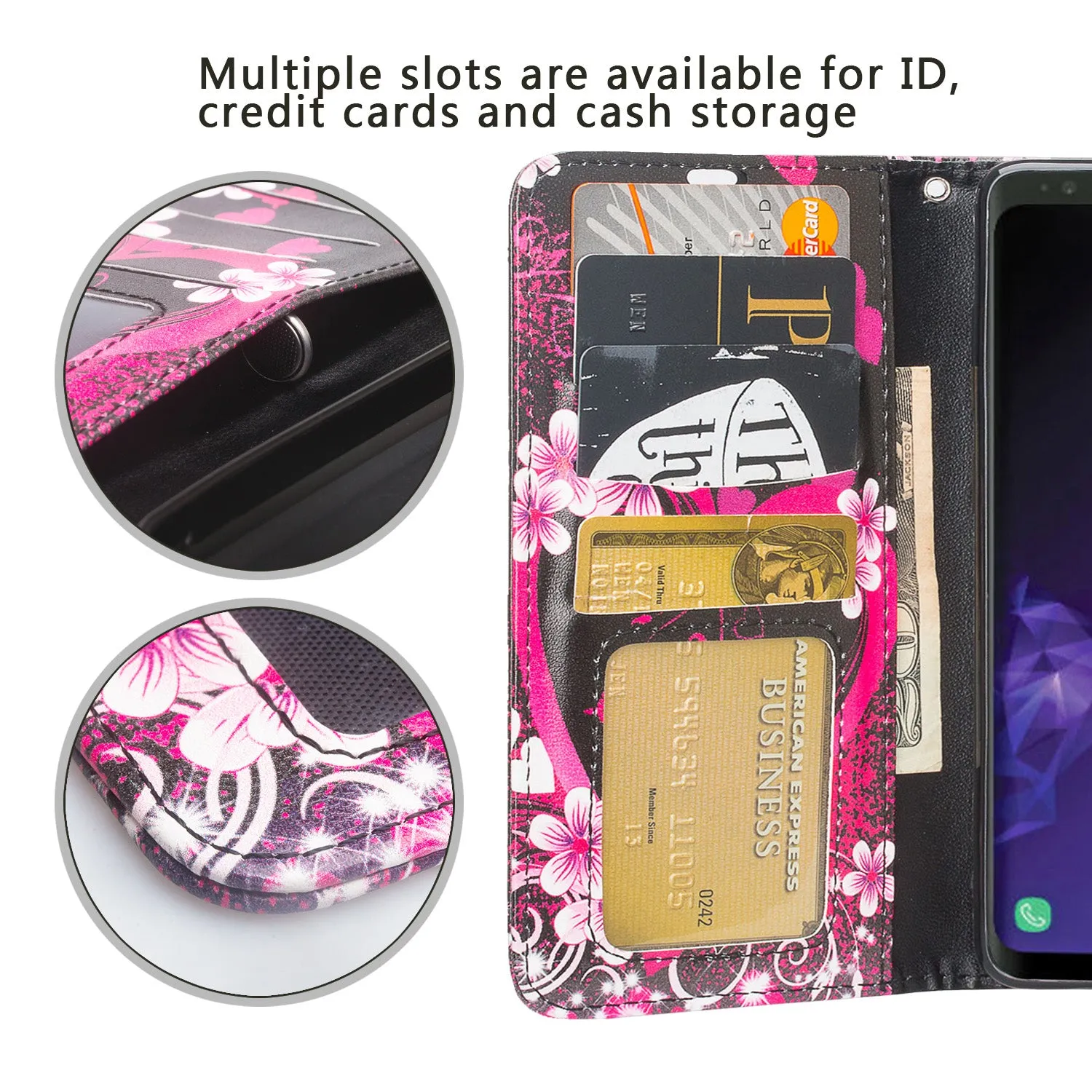 Samsung Galaxy S10 Plus Case, Galaxy S10  Wallet Case, Wrist Strap Pu Leather Wallet Case [Kickstand] with ID & Credit Card Slots - Heart Butterflies