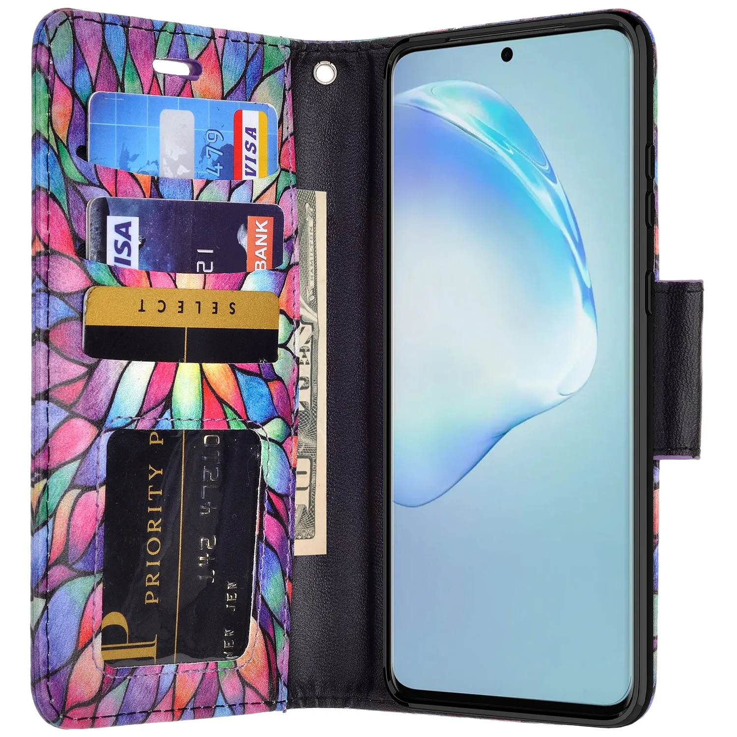 Samsung Galaxy S20  Case, Samsung Galaxy S20 Plus Wallet Case, Wrist Strap Pu Leather Wallet Case [Kickstand] with ID & Credit Card Slots - Rainbow Flower