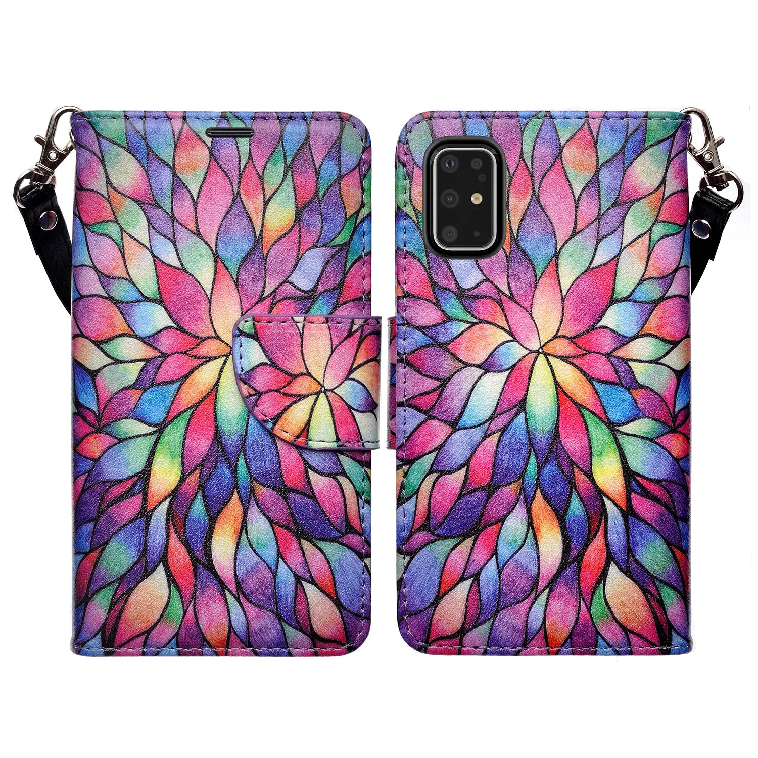 Samsung Galaxy S20  Case, Samsung Galaxy S20 Plus Wallet Case, Wrist Strap Pu Leather Wallet Case [Kickstand] with ID & Credit Card Slots - Rainbow Flower