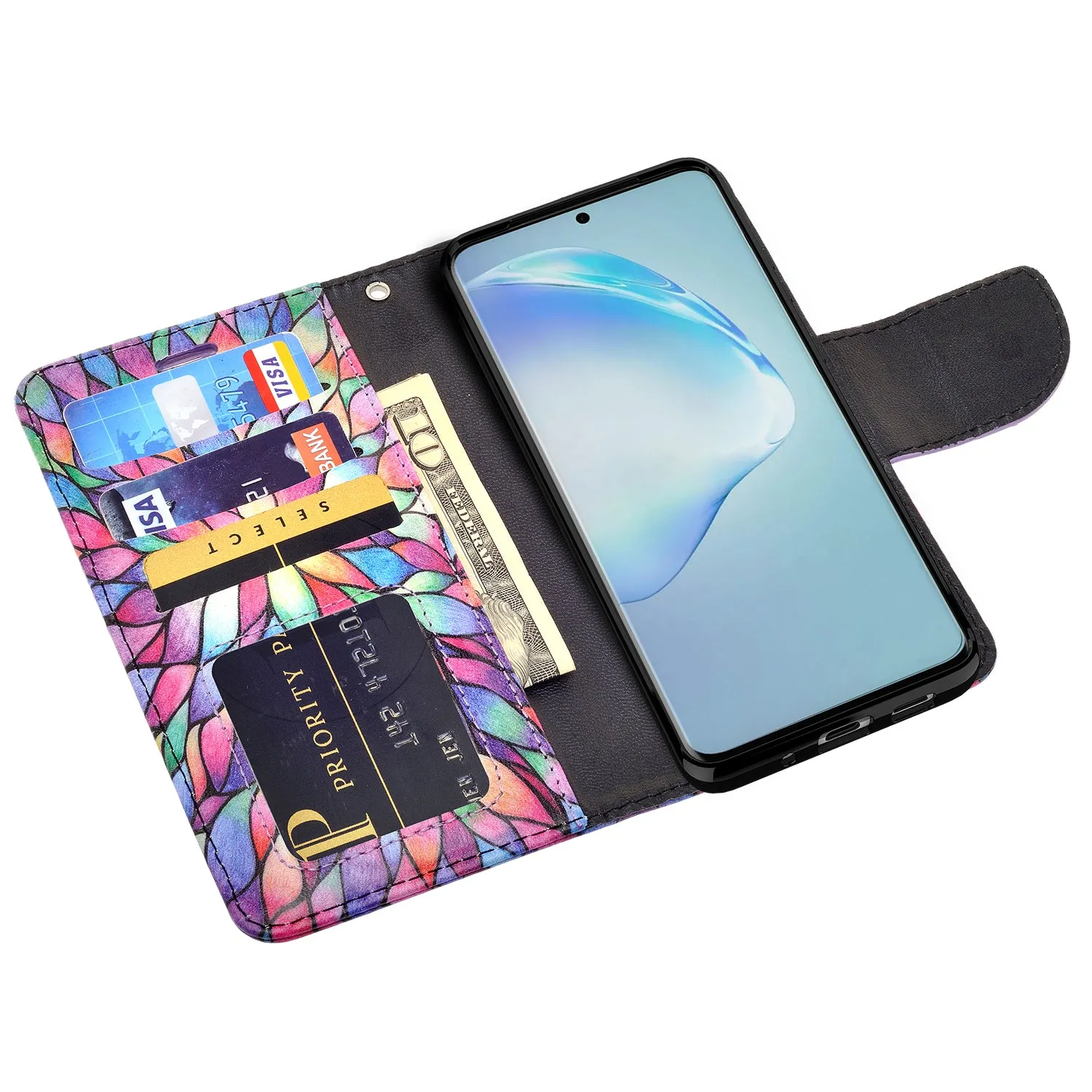 Samsung Galaxy S20  Case, Samsung Galaxy S20 Plus Wallet Case, Wrist Strap Pu Leather Wallet Case [Kickstand] with ID & Credit Card Slots - Rainbow Flower