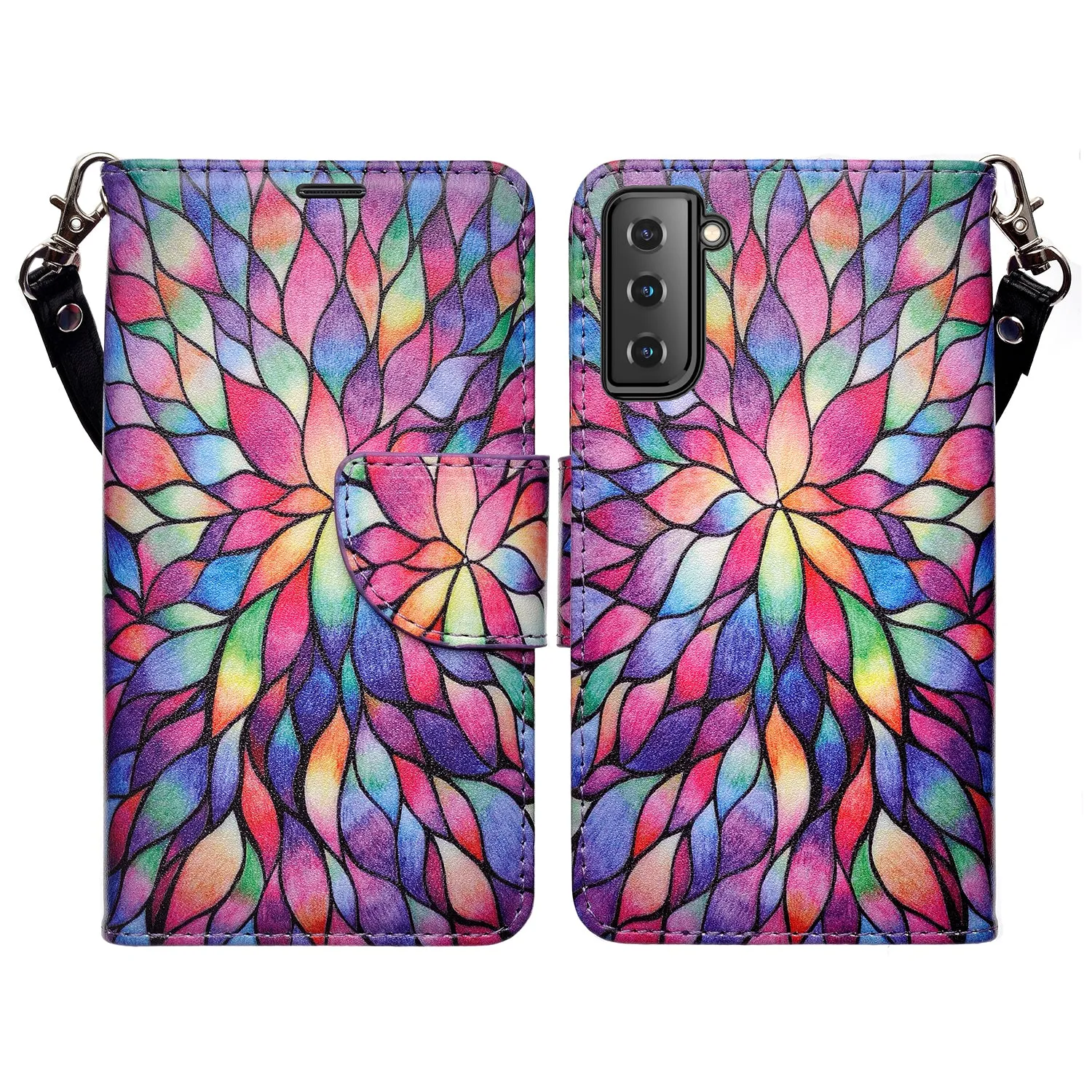 Samsung Galaxy S21  Case, Galaxy S21 Plus Wallet Case, Wrist Strap Pu Leather Wallet Case [Kickstand] with ID & Credit Card Slots - Rainbow Flower