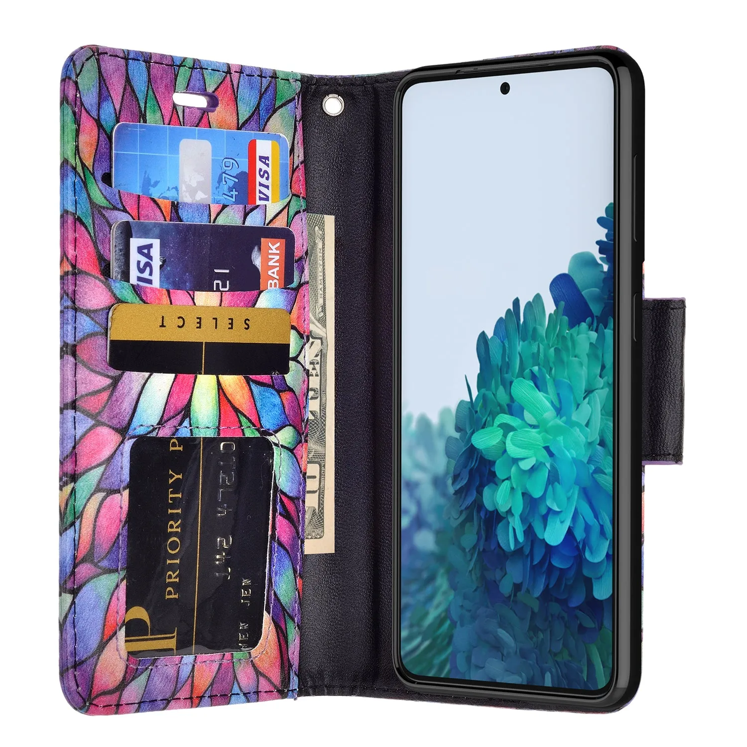 Samsung Galaxy S21  Case, Galaxy S21 Plus Wallet Case, Wrist Strap Pu Leather Wallet Case [Kickstand] with ID & Credit Card Slots - Rainbow Flower