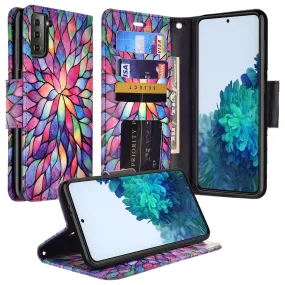 Samsung Galaxy S21  Case, Galaxy S21 Plus Wallet Case, Wrist Strap Pu Leather Wallet Case [Kickstand] with ID & Credit Card Slots - Rainbow Flower