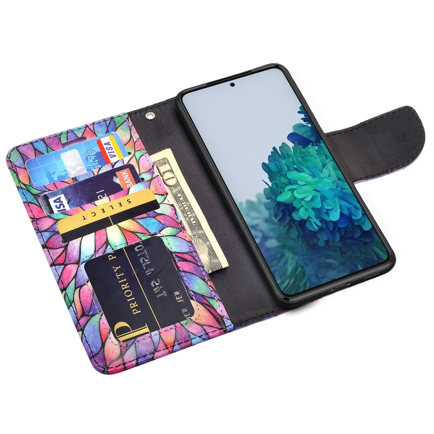 Samsung Galaxy S21  Case, Galaxy S21 Plus Wallet Case, Wrist Strap Pu Leather Wallet Case [Kickstand] with ID & Credit Card Slots - Rainbow Flower