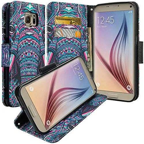 Samsung Galaxy S7 Wallet Case, Wrist Strap Magnetic Flip Folio [Kickstand Feature] Pu Leather Wallet Case with ID & Credit Card Slot For Galaxy S7 - Tribal Elephant