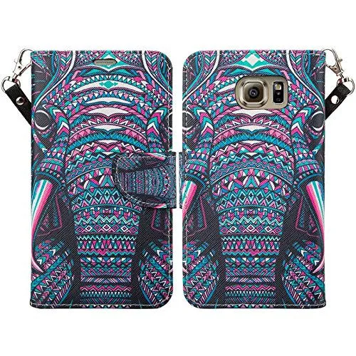 Samsung Galaxy S7 Wallet Case, Wrist Strap Magnetic Flip Folio [Kickstand Feature] Pu Leather Wallet Case with ID & Credit Card Slot For Galaxy S7 - Tribal Elephant