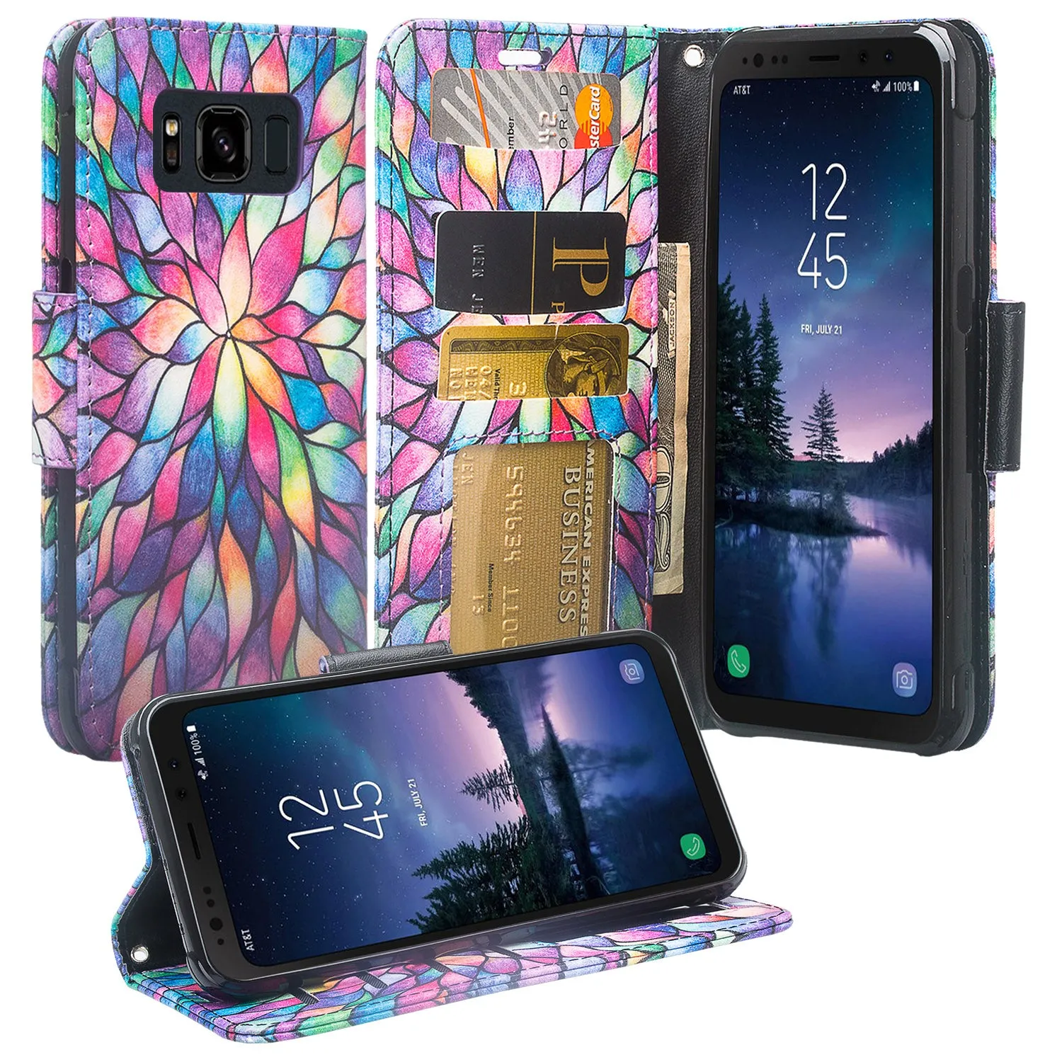 Samsung Galaxy S8 Active Case, Galaxy S8 Active Wallet Case, Wrist Strap Pu Leather Wallet Case [Kickstand] with ID & Credit Card Slots - Rainbow Flower