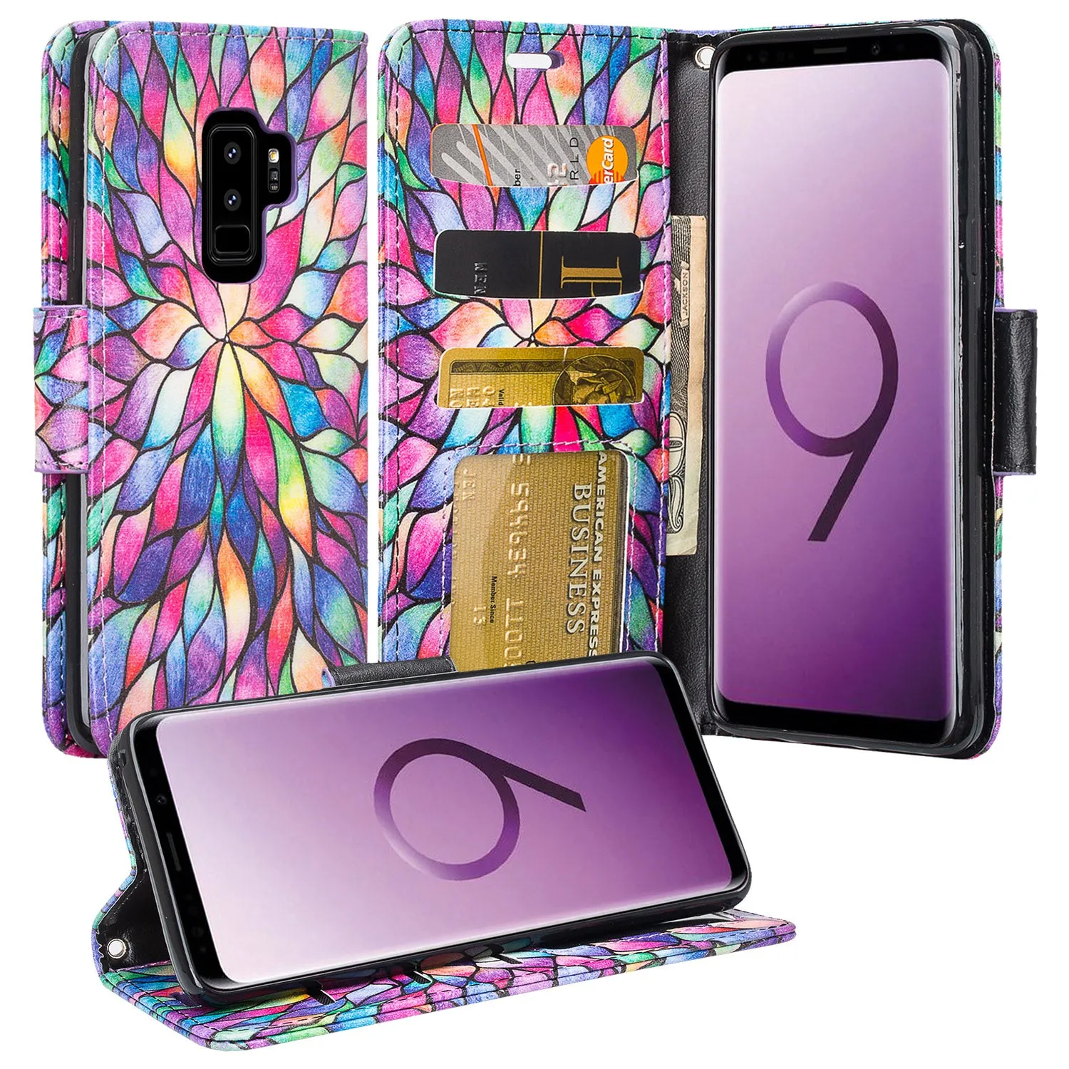 Samsung Galaxy S9 Plus Case, SM-G965U Wallet Case, Wrist Strap Pu Leather Wallet Case [Kickstand] with ID & Credit Card Slots - Rainbow Flower