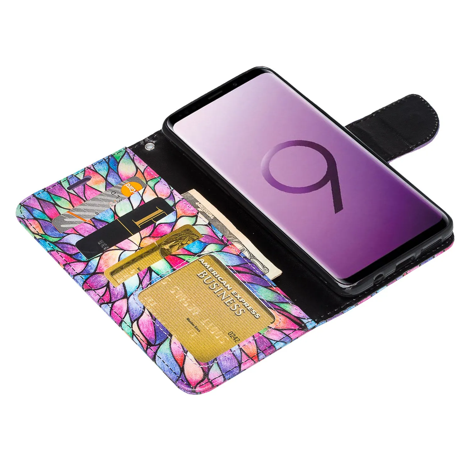 Samsung Galaxy S9 Plus Case, SM-G965U Wallet Case, Wrist Strap Pu Leather Wallet Case [Kickstand] with ID & Credit Card Slots - Rainbow Flower