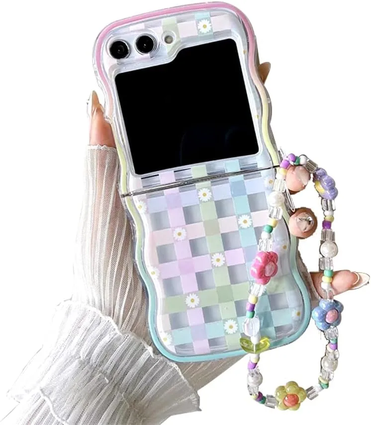 Samsung Galaxy Z Flip 5 Checker and Flower Print, Cute Woman Case