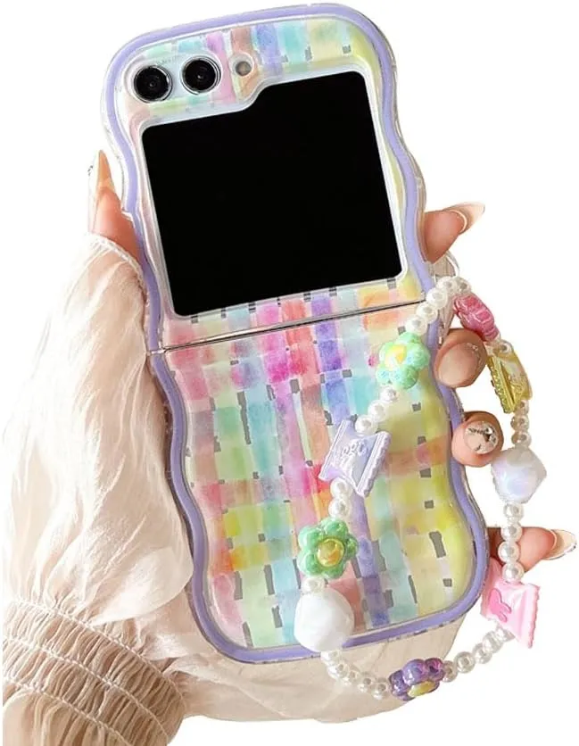 Samsung Galaxy Z Flip 5 Checker and Flower Print, Cute Woman Case