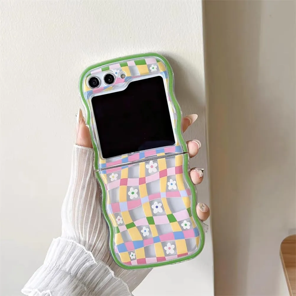 Samsung Galaxy Z Flip 5 Checker and Flower Print, Cute Woman Case