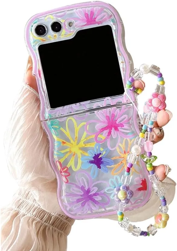 Samsung Galaxy Z Flip 5 Checker and Flower Print, Cute Woman Case