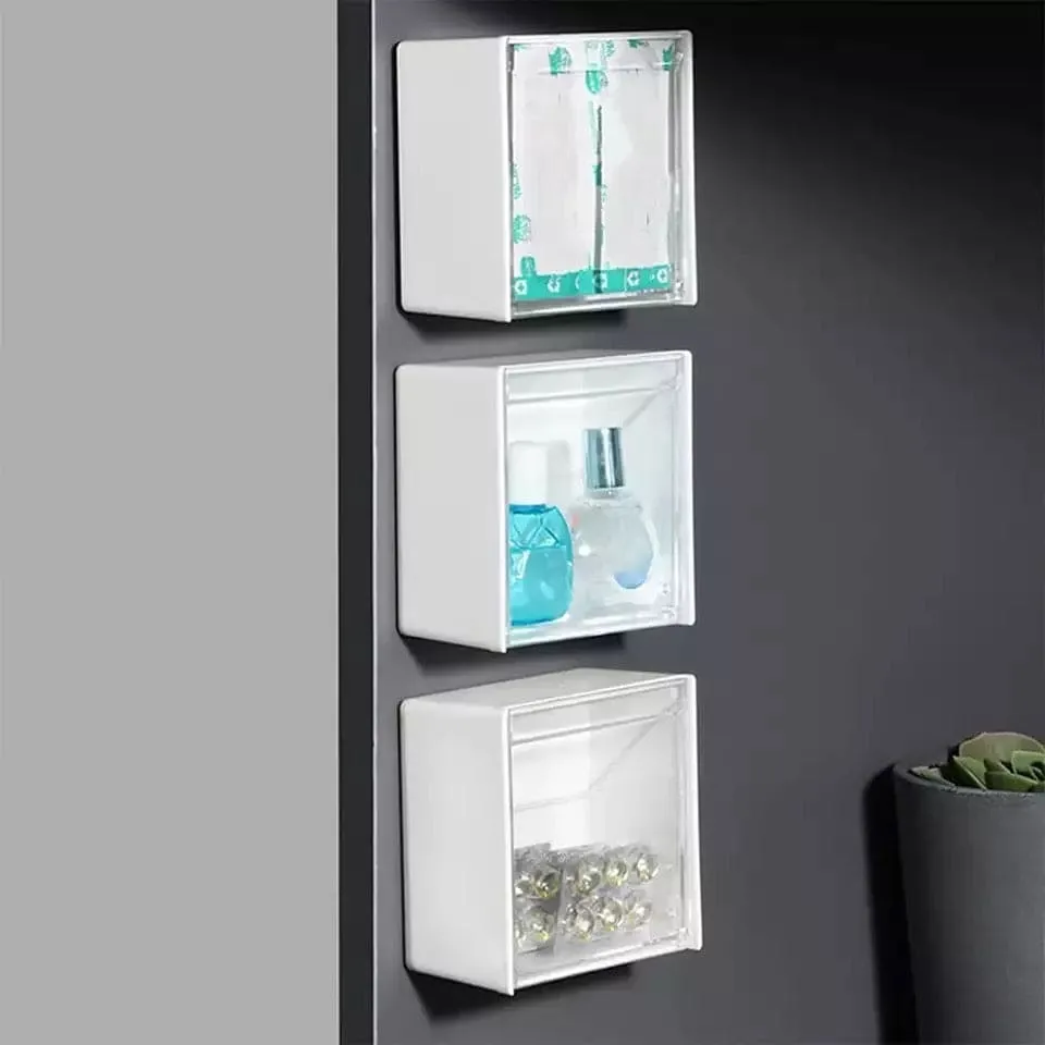 Self-Adhesive Wall Flip-Top Organizer, Transparent Window Clamshell Storage Box, Storage Canister Box