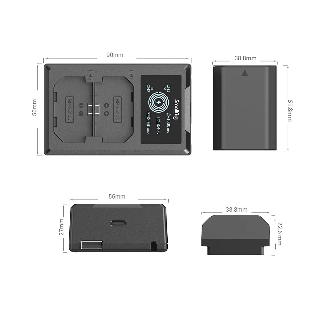 SmallRig NP-FZ100 Rechargeable Replacement Battery (2-Pack) 7.2V 2040mAh with 5V USB Type C Dual Battery Charger Kit for Sony Alpha 6600, Alpha 7CR, Alpha 7C II, Alpha 7 III, Alpha 7 IV, Alpha 9, Alpha 7R IV, Alpha 7C, Alpha 7S III | 3824B