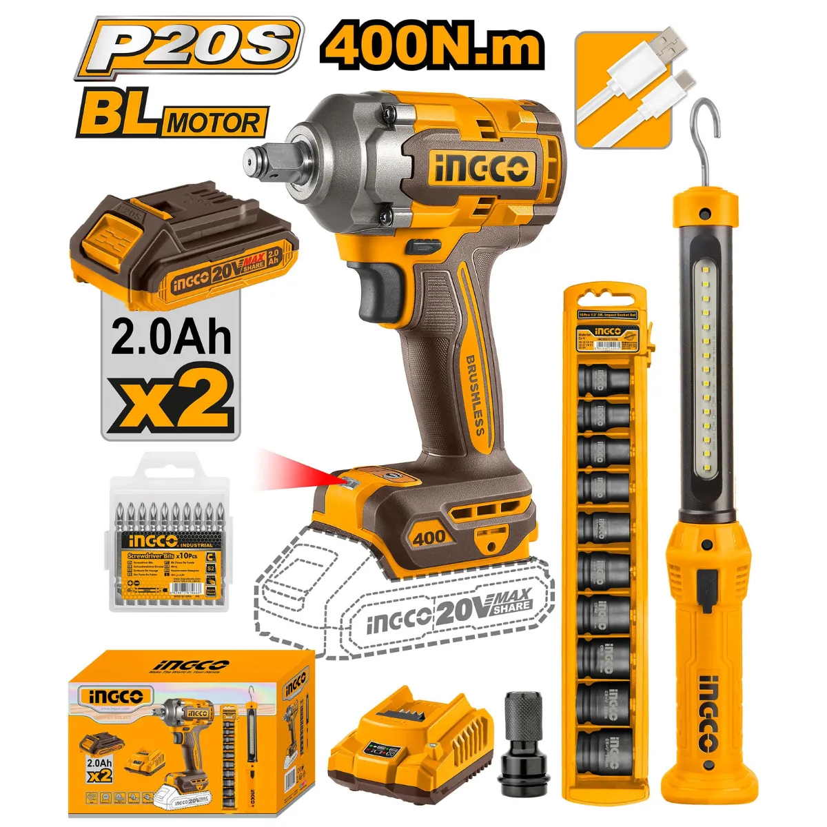 Special - Ingco Cordless Impact Wrench 400Nm & Work Lamp Combo kit