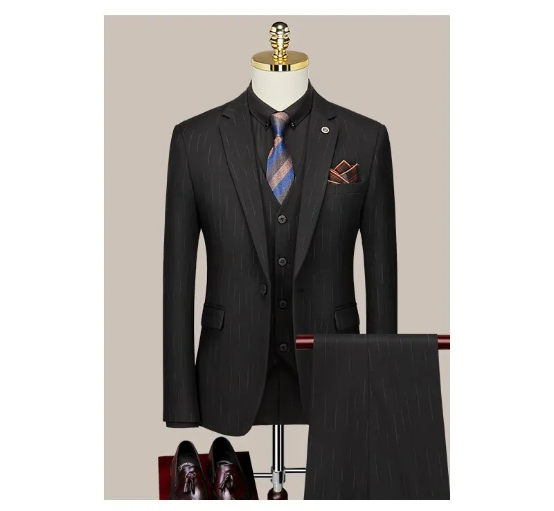 Suit Suit Men's Three Piece Wedding Dress Trend Korean Business Casual Light Familiar Stripe Suit