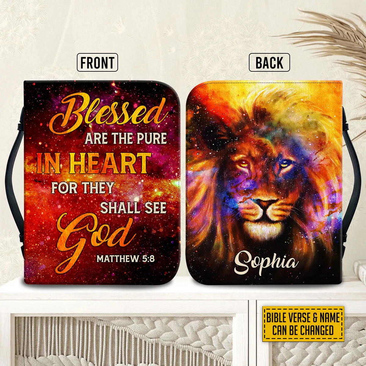 Teesdily | Customized Lion Of Judah Bible Carrier, Blessed Are The Pure In Heart Bible Case, Christian Bible Case, Religious Bible Cover With Handle