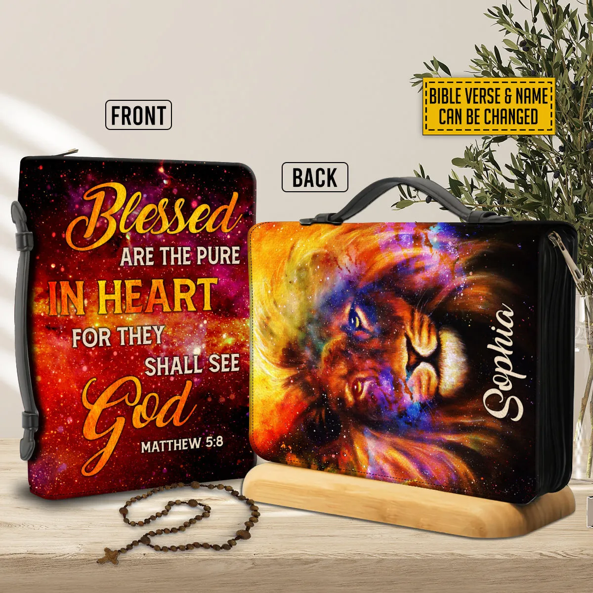 Teesdily | Customized Lion Of Judah Bible Carrier, Blessed Are The Pure In Heart Bible Case, Christian Bible Case, Religious Bible Cover With Handle