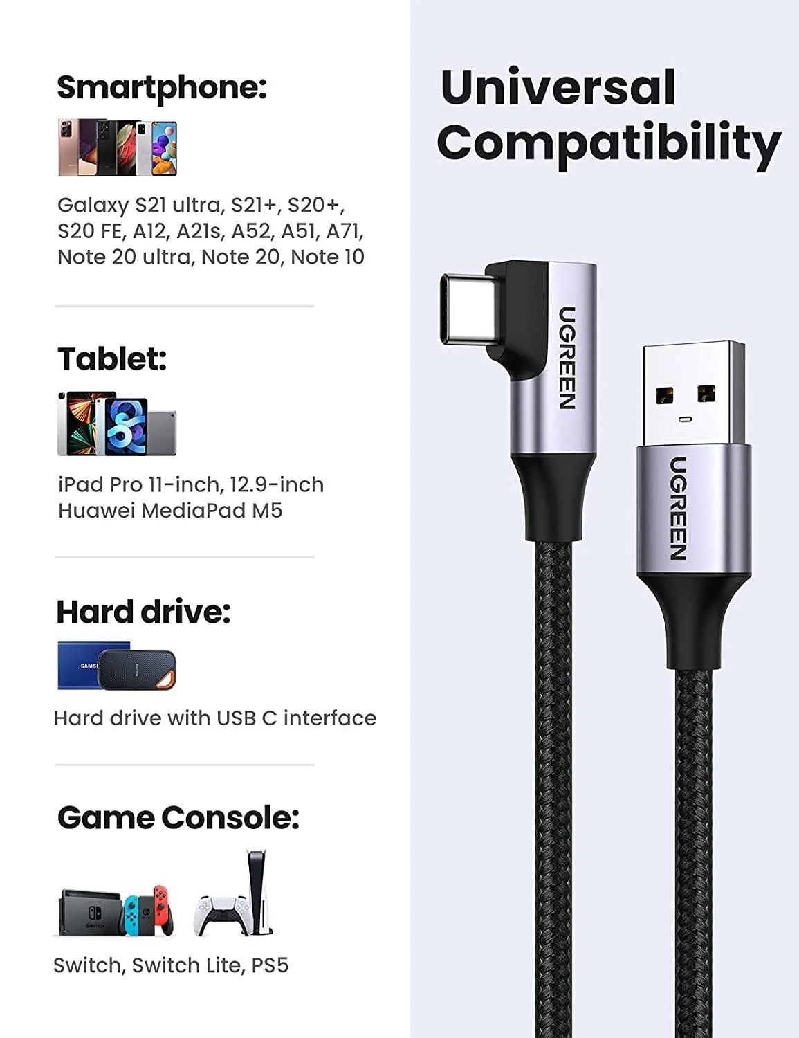 UGREEN 20289 Angled USB-C 3.0 Fast Charge Cable 0.5M