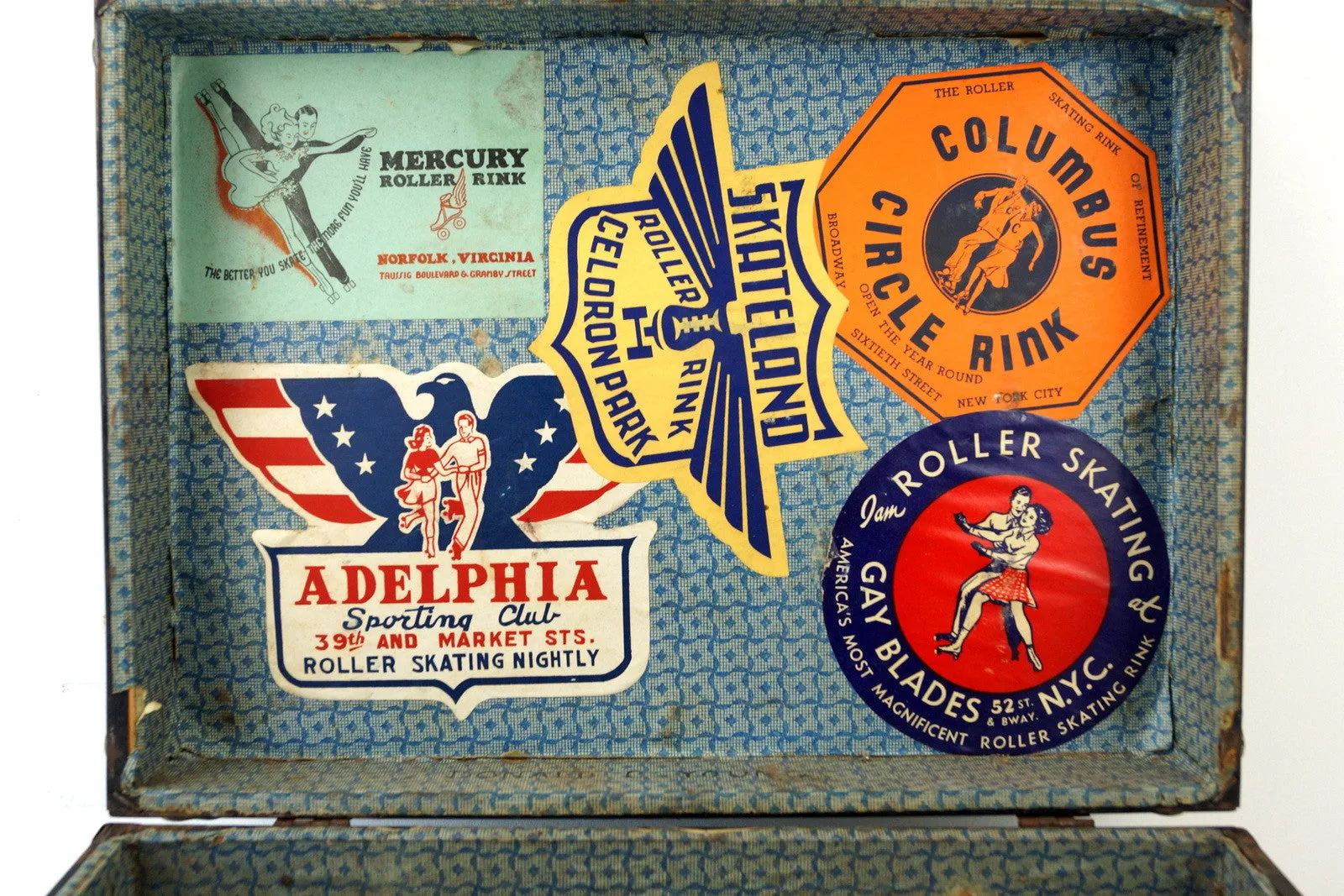 Vintage Metal Roller Skate Case in Black with Original Stickers (c.1950s)